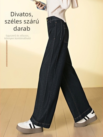 Női sötétkék széles szárú farmer, magas derekú, drapírozó hatás, patchwork panelek, laza szabás, padlóig érő