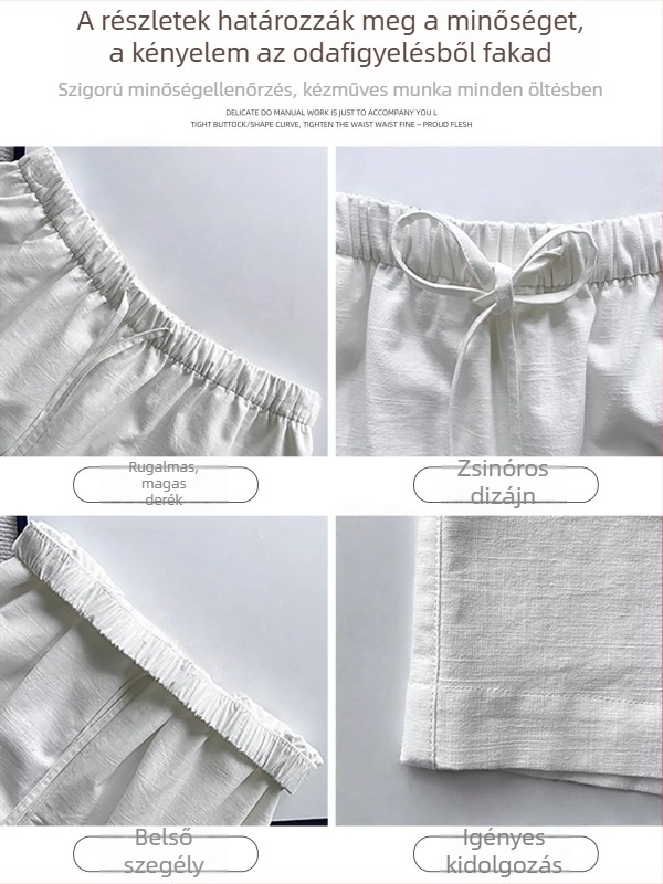 Fehér női rövidnadrág pamut-szövetekből ice silk hatású felülettel, nyár, magas derék, karcsúsító szabás, laza A-vonal, vintage stílus, hétköznapian gyorsan száradó sportshortok