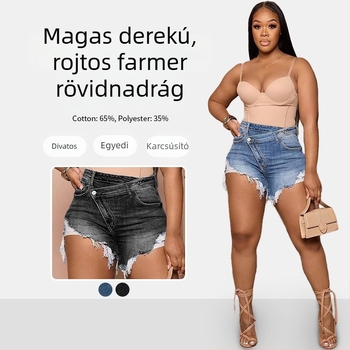Magas derekú denim rövidnadrág nyers éllel, karcsú szabás, nyár 2025
