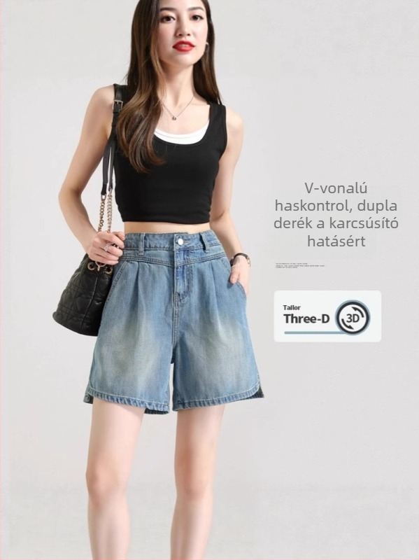 Női denim rövidnadrág hasítékkal, nyár 2025, vékony anyagú, magas derekú, A-vonalú, lazán szabott, középmagas hossz, alacsony testalkathoz