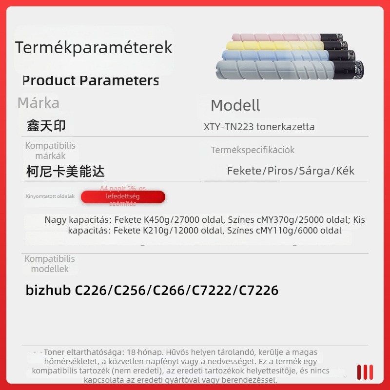 Por alapú toner kazetta Konica Minolta C226, C266, C256, C7222, C7226 és TN223 számára
