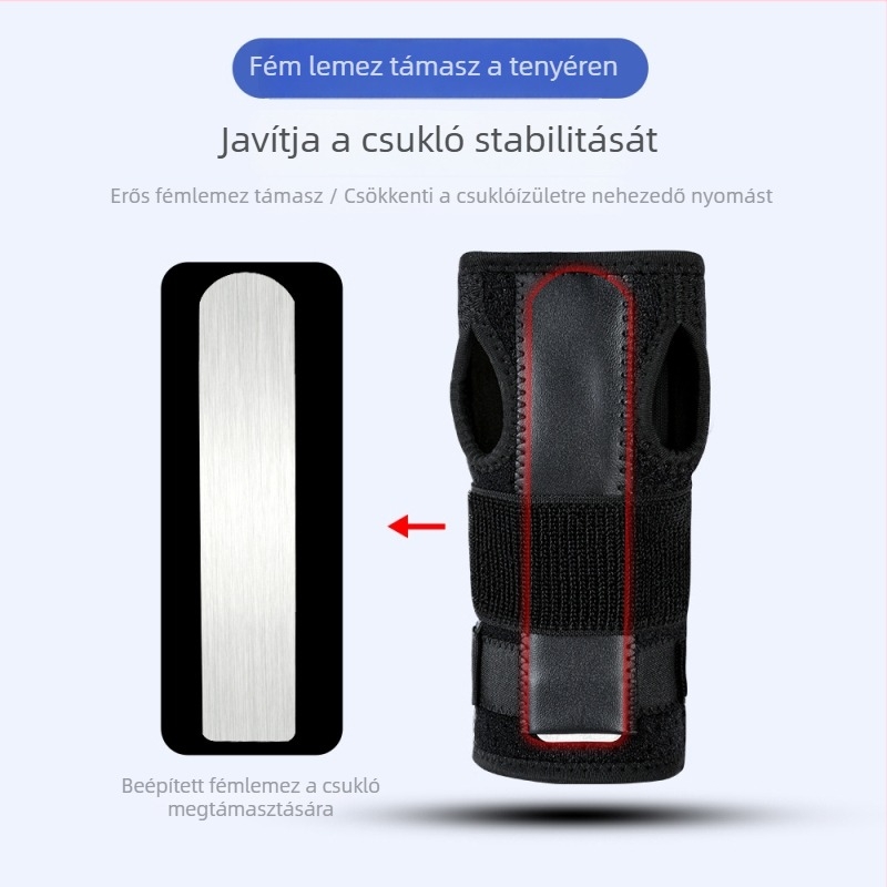 Csuklóvédő alumíniumlemez támogatással a stabilizációért, forgás elleni védelem, ínhártya összenyomó szalag, lélegző hálós védőhüvely