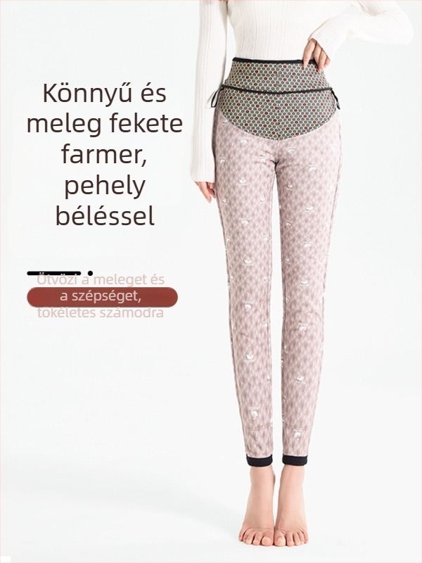 Női denim nadrág fleece béléses, meleg őszre és télre, magas derék, rugalmas, karcsúsított, szűk fazon, fenék emelő hatással