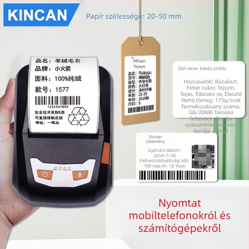 Fejlesztett Bluetooth hőnyomtató, hordozható kézi, vezeték nélküli nyomtató számlákhoz, készlet- és eladásnyilvántartáshoz, kiszállítási címkék