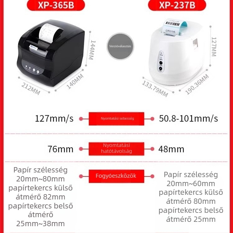 Core Ye XP-365B kétfunkciós termikus nyomtató számlákhoz és címkékhez, 80 mm címkék szélessége, Bluetooth, Ethernet, 58 mm