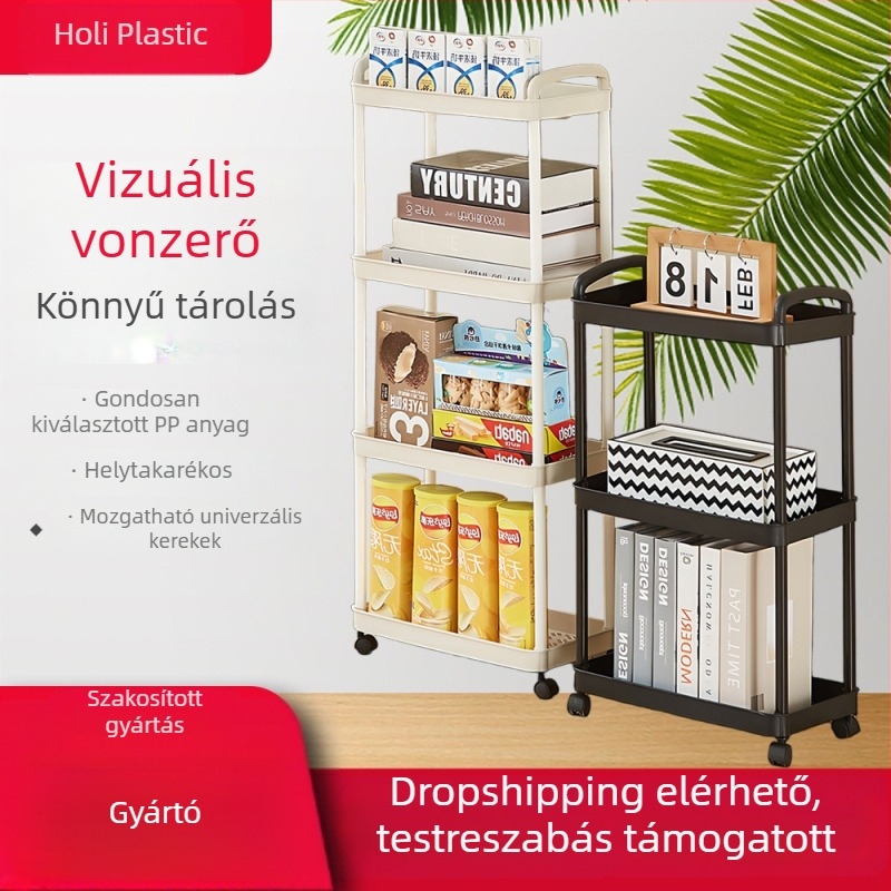 Háromszintes mobil tároló kocsi a konyha és a fürdőszoba számára, forgatható és áthelyezhető, nedvességálló, fúrás nélküli szerelés