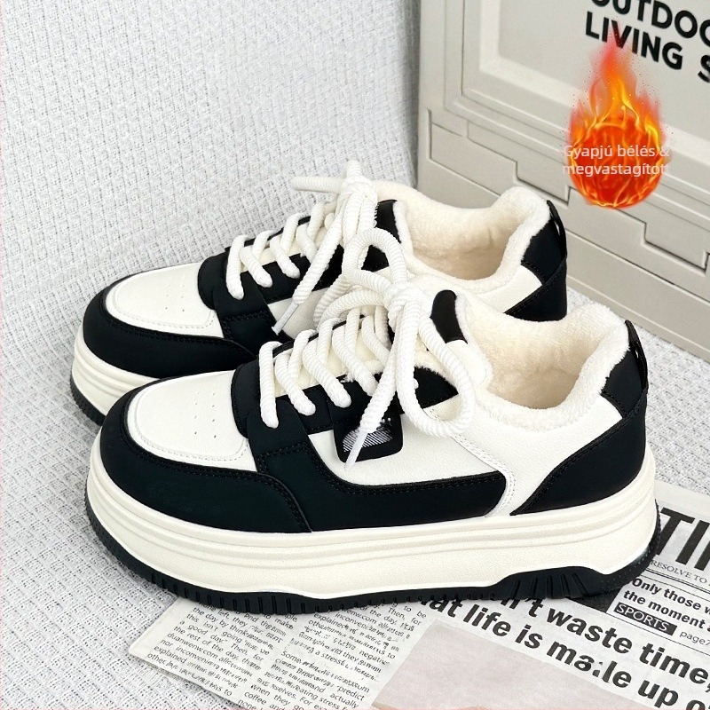 Női fehér sneakers fleece-béléssel és vastag talppal, 2025-ös őszi-téli szezonra, sokoldalú magasságot növelő casual cipő