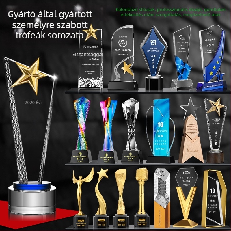 Kristálytrófea kék ötágú csillaggal — dekoratív kristálytárgy