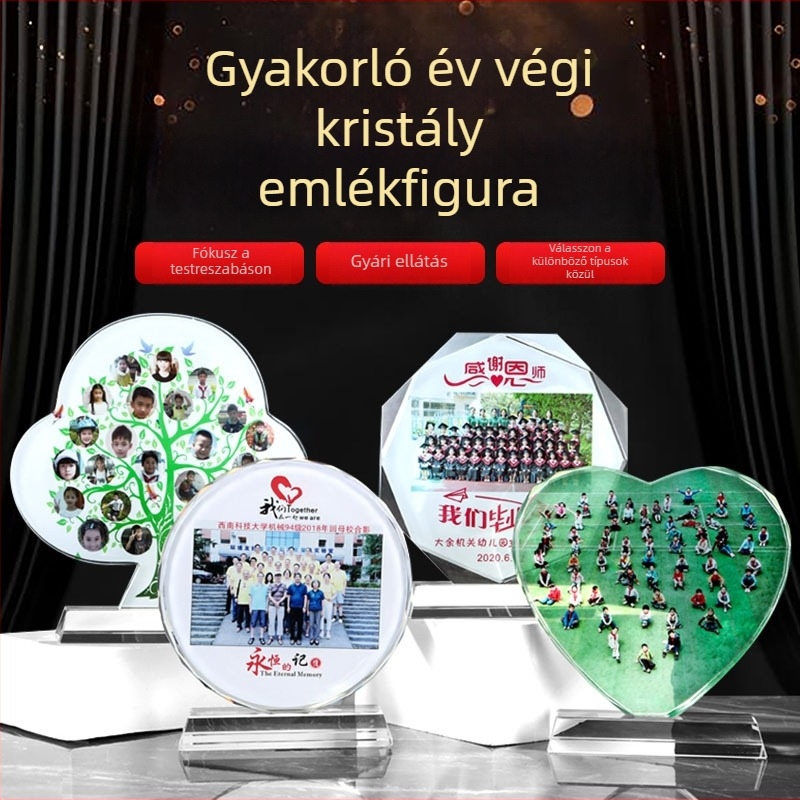 Fehér kristály nyolcszögletű trófea és érem, osztálytalálkozóra, ballagásra és jubileumra — fotódíszítés