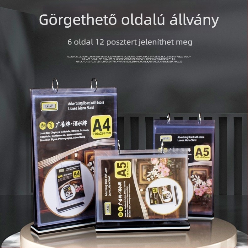 Akril kiállítási állvány A4-es lapozható kártyákhoz, 12 oldalú menüterem és A5-ös naptár állvány