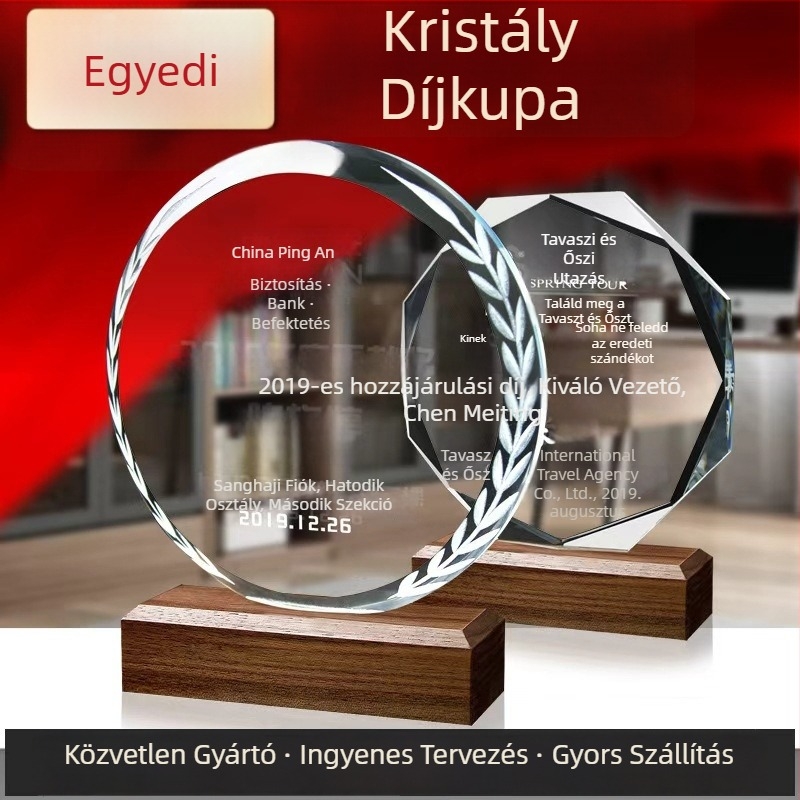 Kristálytrofea és üvegmedál – kiváló dolgozó díja, kreatív trofea és nyugdíj-emléktábla