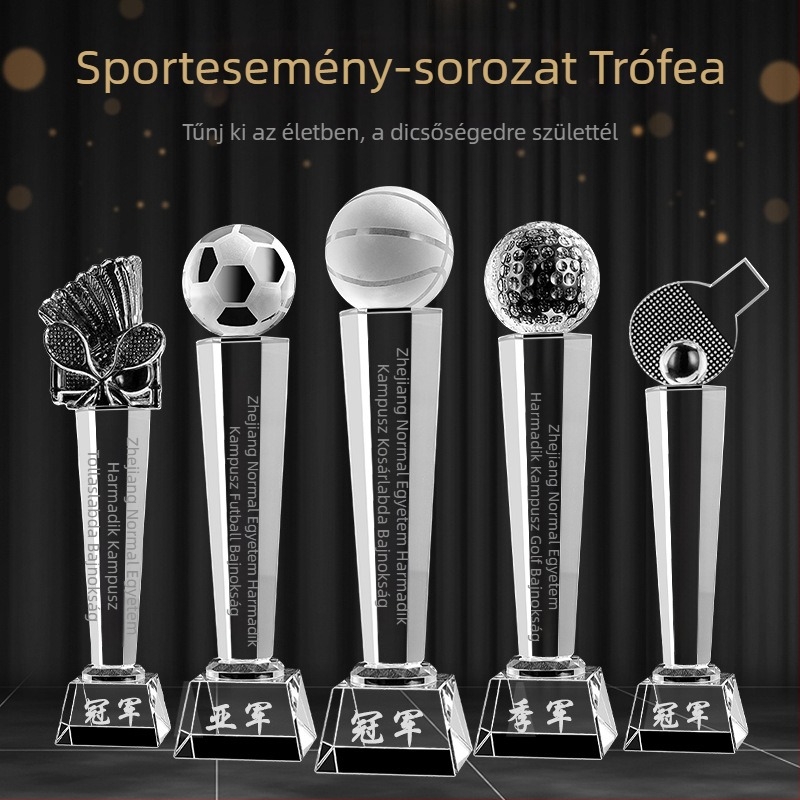 Luo Heng kristálytrofea futballhoz, kosárlabdához, tollaslabdához és asztaliteniszhez – sportesemények bajnoki emléktárgya