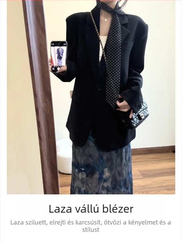 Fekete női blézer, tavasz–ősz 2026, lazán szabott, egyenes vállú, kosztümkabát koreai stílusban, magas minőségű divat