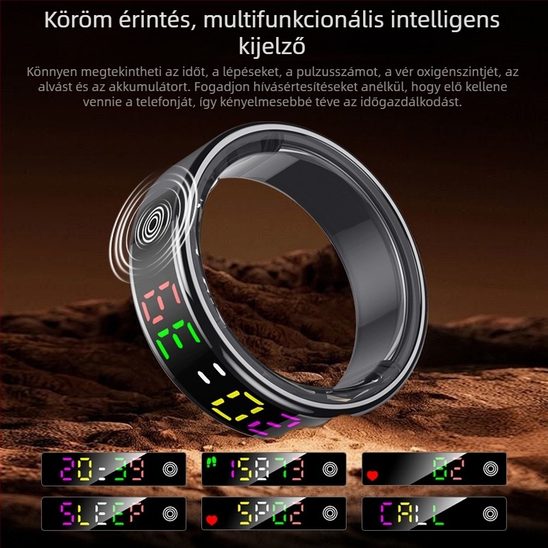 Bluetooth gyűrű színes kijelzővel, pulzus- és oxigén-szaturáció mérése, alvásfigyelés és lépésszámlálás