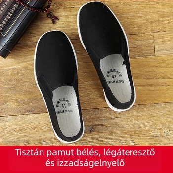 Férfi fekete vászoncipő, lélegző, lapos talpú, kézzel varrt, mindennapi edzőcipő