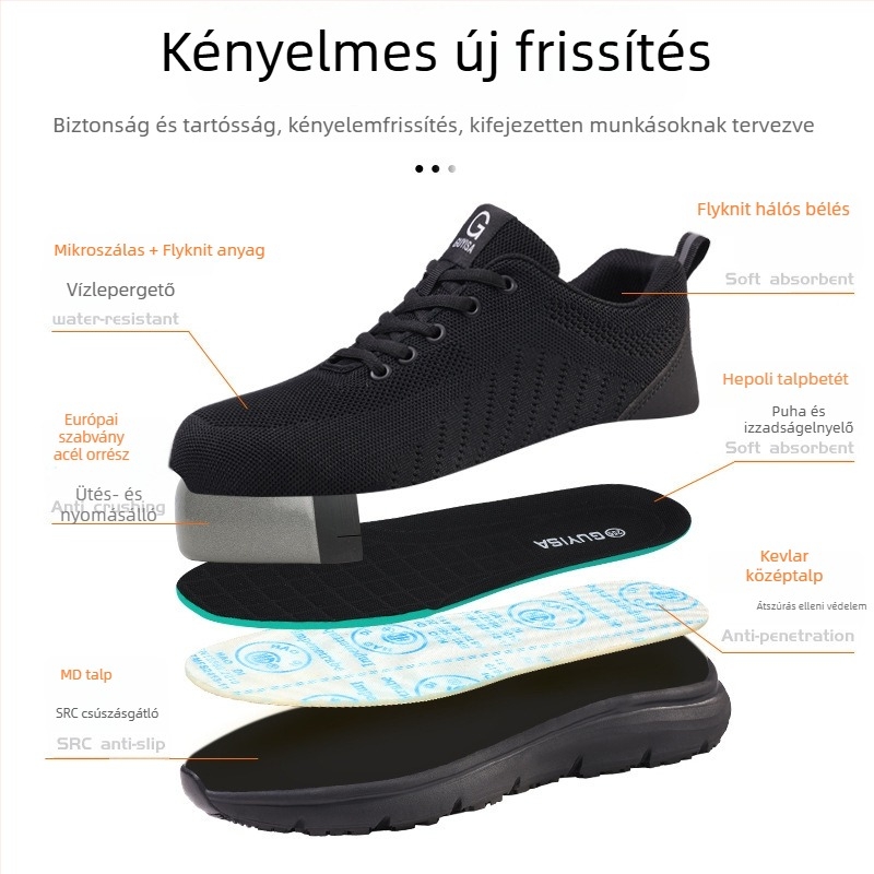 Acélorrú biztonsági cipő, ütésálló és perforáció elleni védelem, csúszásmentes, lélegző fly-knit felsőrész, vízlepergető