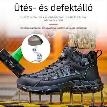 Férfi munkavédelmi bakancs, egész éves viselet, magas szárú, lélegző, acél orr, ütésálló, átszúrás elleni védelem, csúszásmentes, kopásálló, minden évszakra