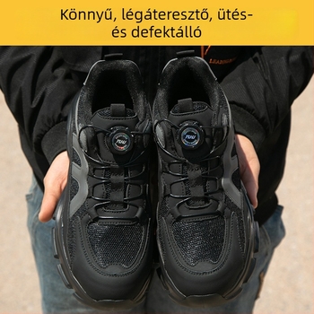 Munkavédelmi cipő – lélegző nyár, ütés- és átszúrás elleni védelem, fly-knit felsőrész, acél orr rész, egész éves, zárás forgó gombbal