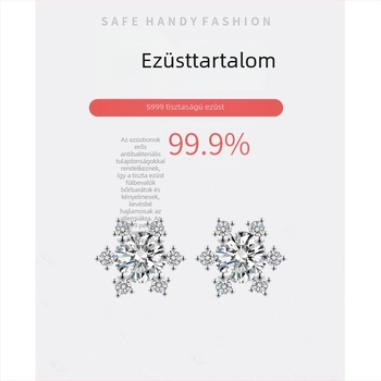 S999 Sterling ezüst hópehely fülbevaló gyémánt berakással, elegáns minimalist stílus nőknek
