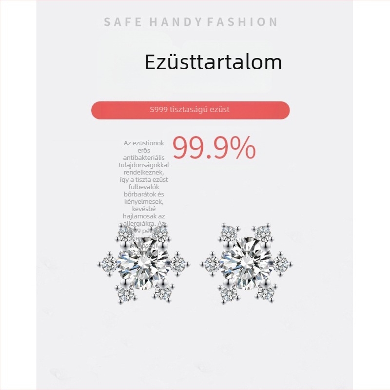S999 Sterling ezüst hópehely fülbevaló gyémánt berakással, elegáns minimalist stílus nőknek
