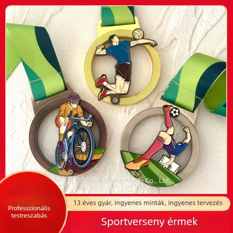 Személyre szabható versenymedál maratonhoz és sporteseményekhez, cinkötvözetből készült arany-, ezüst- és bronzkivitelben, kreatív akasztóval.