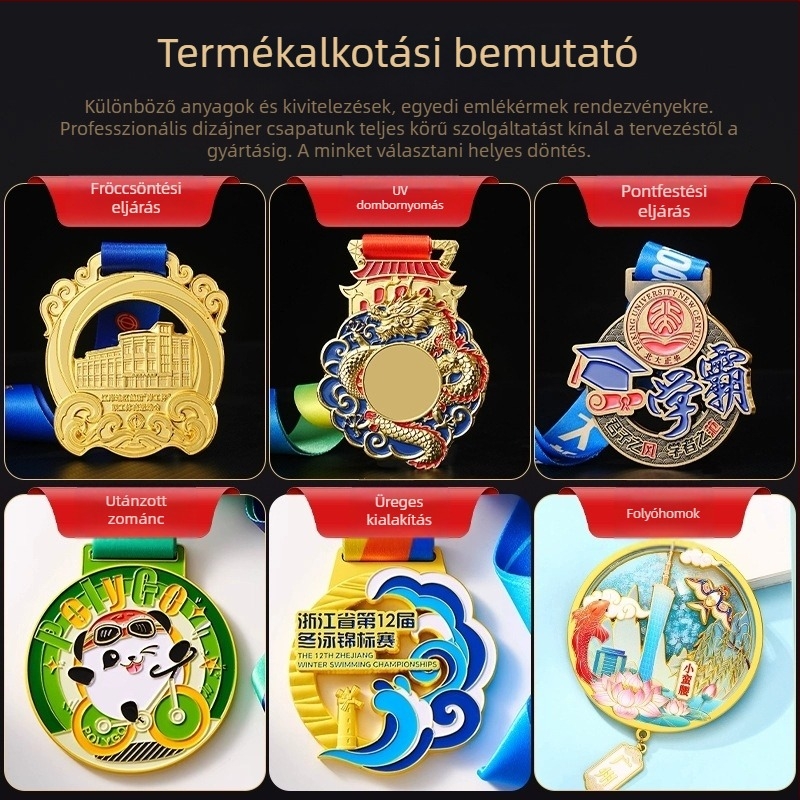 Személyre szabható versenymedál maratonhoz és sporteseményekhez, cinkötvözetből készült arany-, ezüst- és bronzkivitelben, kreatív akasztóval.