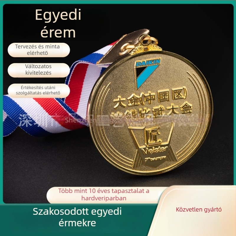 Fém marathon érme, cink ötvözet, aranyozott, emlékjutalom általános iskolai sporteseményekhez