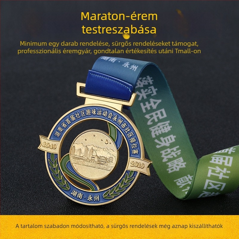 Egyedi, nyakban hordható fém érem gyerekeknek; iskolai futó- és sporteseményekhez; aranyozott.