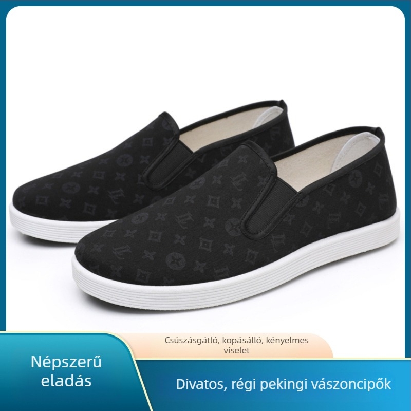2024 nyár - új stílusú Old Beijing vászon Slip-On férfi cipő, fekete, vastag talppal, lélegző
