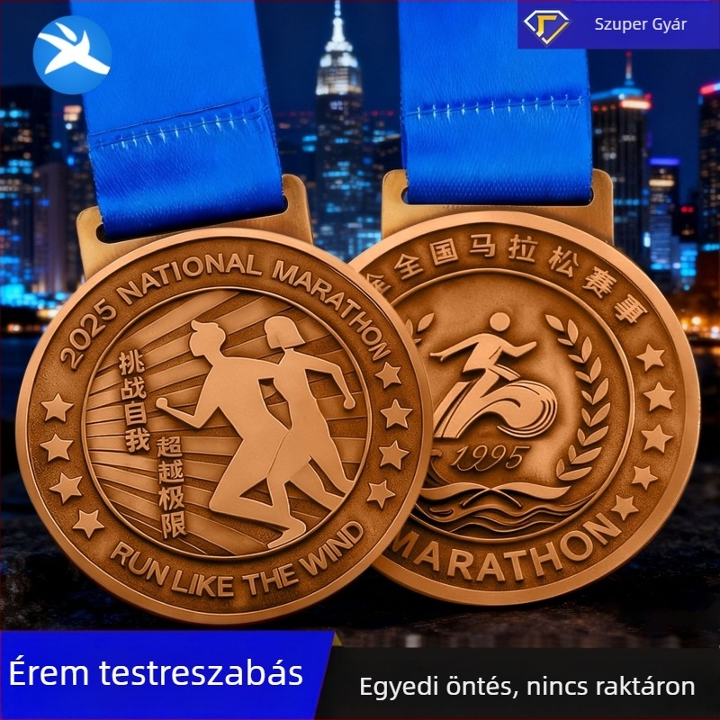 Cinkötvözet medal városi maratonra és taekwondo versenyre – aranyozott, ezüstös és bronzos felület