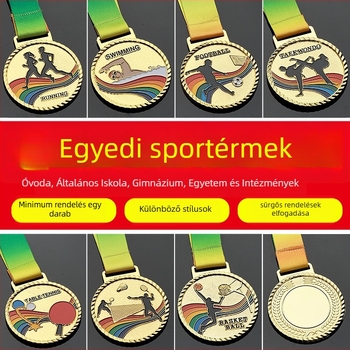Színes futballesemény érmei – fém, cinkötvözetből készült, arany, ezüst és bronz kivitelben, iskolai sporttalálkozóra, nyomtatott emlék