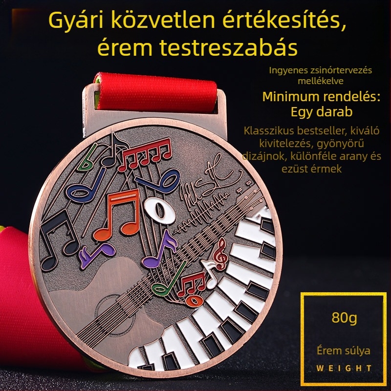 Személyre szabható zenei érem, aranyozott cinkötvözetből, motívumok: zongora, hegedű és ének, gyermekek tánc- és zenei versenyeire