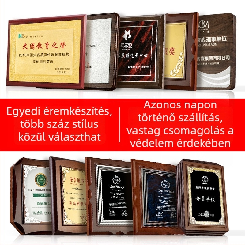 Fából készült plakett bronz medállal és rozsdamentes acél táblával, felhatalmazott díj, tömörfa tanúsítvány