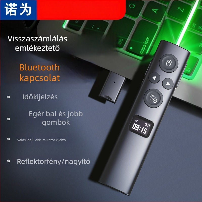 Nove Bluetooth lézerpointer PPT-hez – oldalváltó toll, kettős lézer, LED LCD kijelző, műanyag test