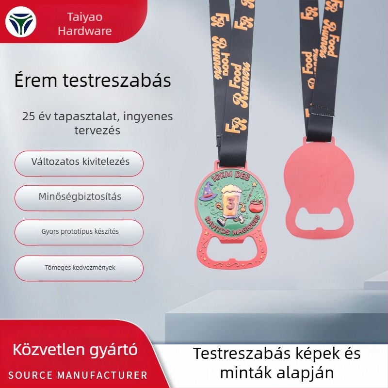 Egyedi futó–maratoni érem, üvegnyitóval, cinkötvözet, aranyozott