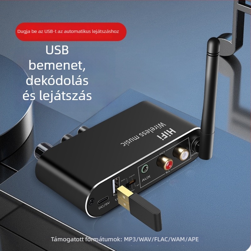 Bluetooth 5.1 RCA vevő, digitális–analóg audio konverter optikai és koaxiális kimenettel, USB-meghajtó támogatás, távirányító - T01