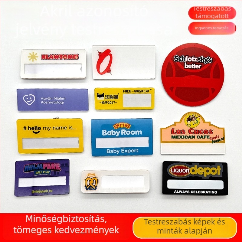 PVC akril névtábla mágneses hátsó résszel és kapoccsal, testreszabható dolgozói azonosító, cserélhető névvel