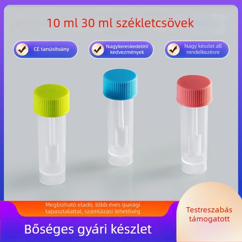 Egyszer használatos műanyag székletgyűjtő cső kanállal, 10 ml–30 ml, mintavételi cső