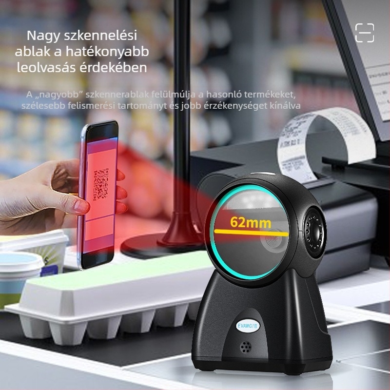 Asztali vonalkódolvasó 1D/2D kódokra, USB interfész, 550 szkennelés/sec, 3 mil felbontás, EVAWGIB