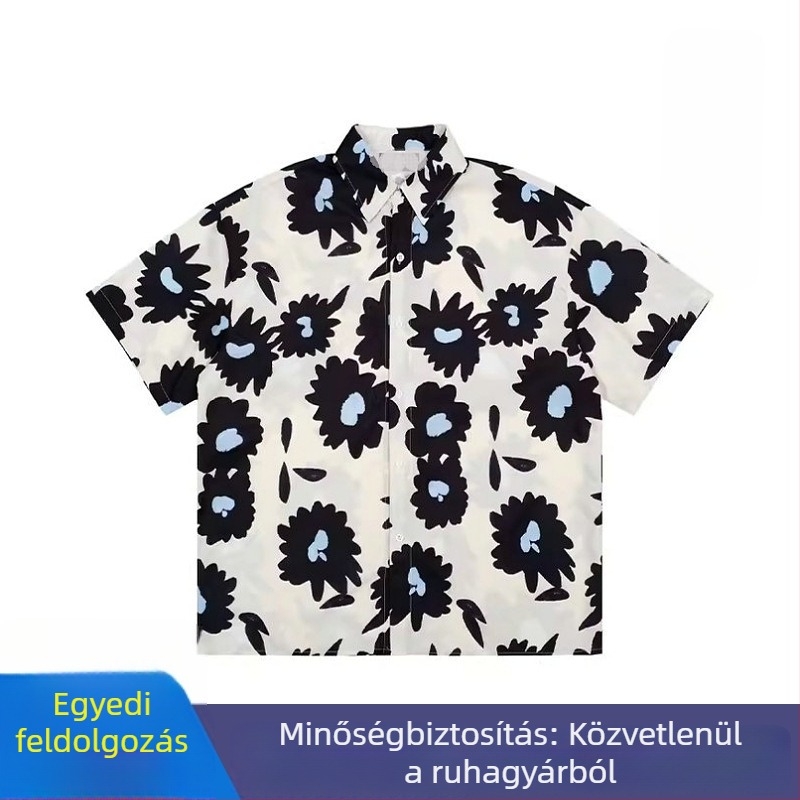 Férfi hawaii rövid ujjú ing, virágmintás, könnyű és légáteresztő, nyaralós stílus