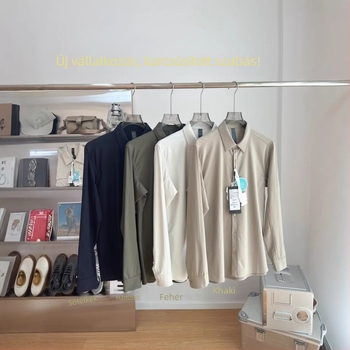 Férfi slim-fit hosszú ujjú ing, reveres gallérral, rugalmas, kényelmes és lélegző poliészterből