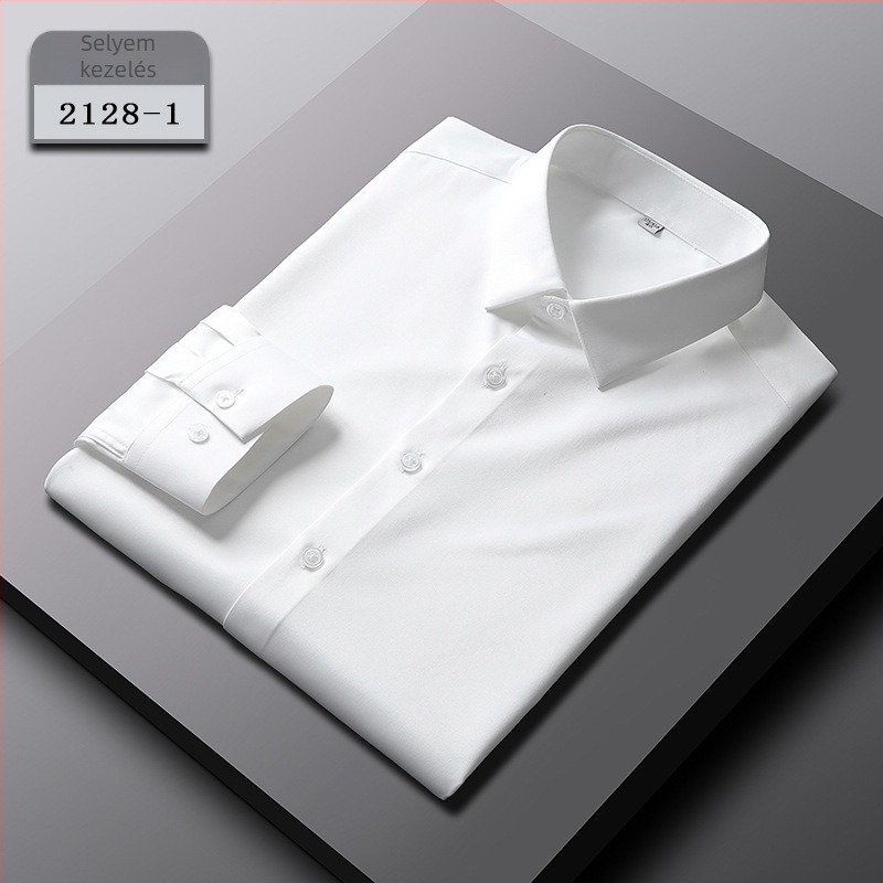 Férfi fehér hosszú ujjú ing, rugalmas anyagú, vasalásmentes, lélegző, mindennapi üzleti slim fit
