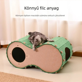Filcből készült macskaodú – kétszintes, dióformájú tunel és faodú, játékra és rejtőzésre