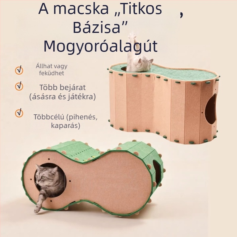 Filcből készült macskaodú – kétszintes, dióformájú tunel és faodú, játékra és rejtőzésre