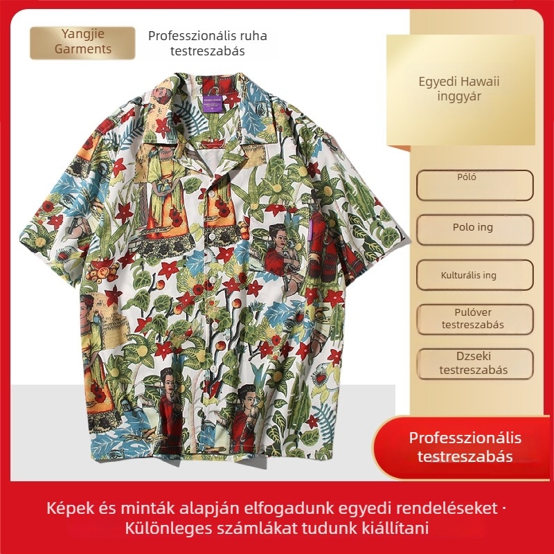 Személyre szabott férfi ing, Amerikai stílusú kubai gallérral és hawaii mintával, rövid ujjú, laza szabás, thai antik virágos mintázat