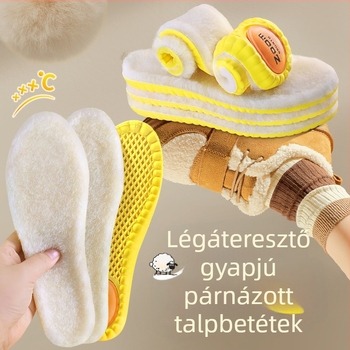 Téli gyapjú talpbetét - meleg, nedvességszívó, szagtalanító, lélegző, csúszásmentes, masszírozó, antifungális, hosszú állás okozta fáradtság mérséklése.