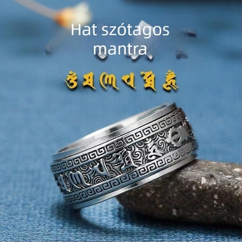 S990 ezüst gyűrű hatszavas mantra férfiaknak, forgatható retro stílus