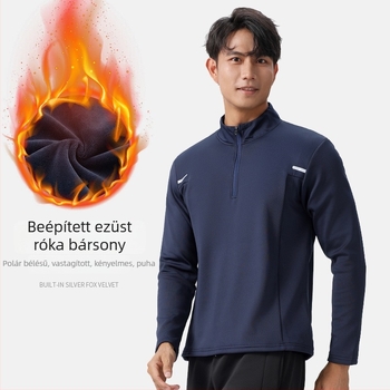 Férfi fleece bevonatú fél-zipzáros, álló galléros pulóver, kültéri futáshoz, edzéshez és kosárlabdához