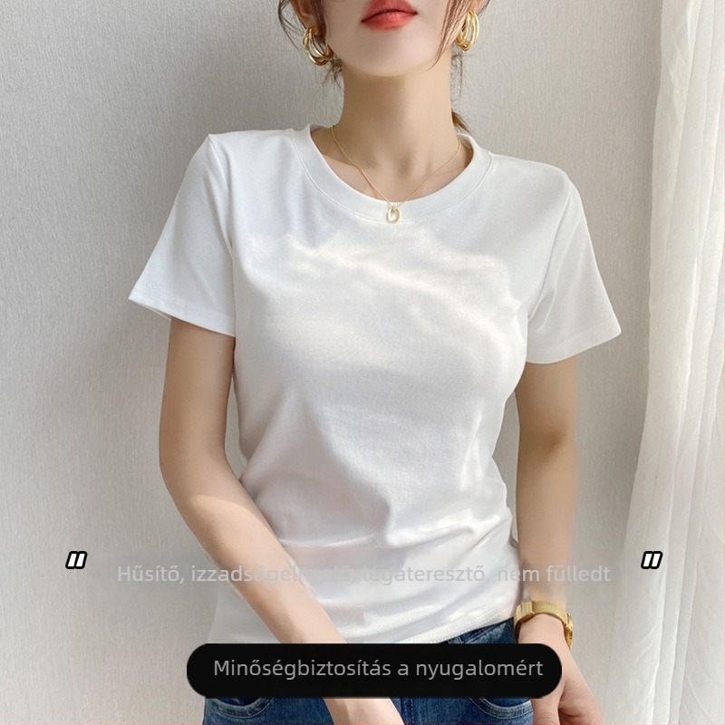230 g súlyú 100% pamut női rövid ujjú felső, karcsú szabás, kerek nyak, alapmodell