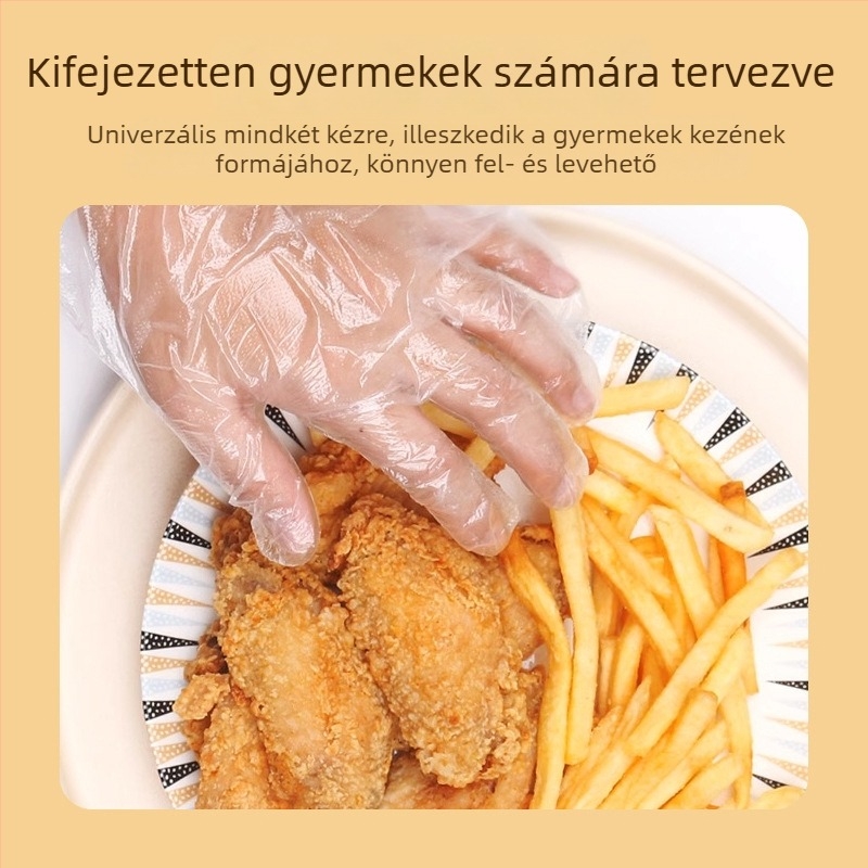 Gyerekeknek készült egyszer használatos kesztyű, élelmiszer-minőség, vastag, átlátszó, konyha és catering számára, egy méret